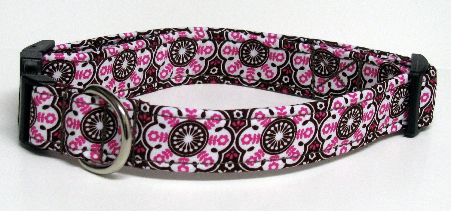 Folk Life Medallions in Pink and Brown by Anthology Fabrics Handmade Dog Collar Size Large