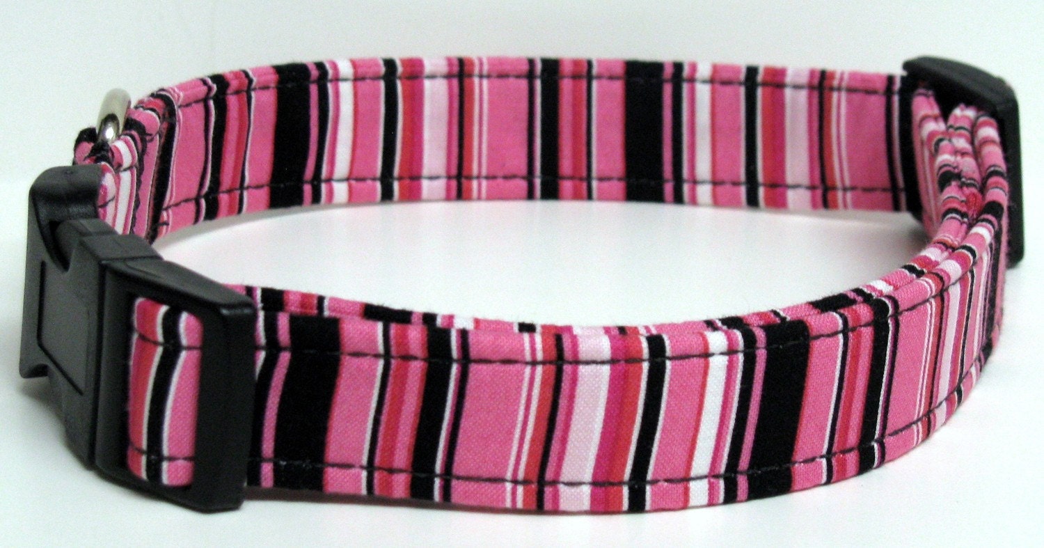 Pink & Black Stripe Handmade Dog Collar Size LARGE LAST ONE