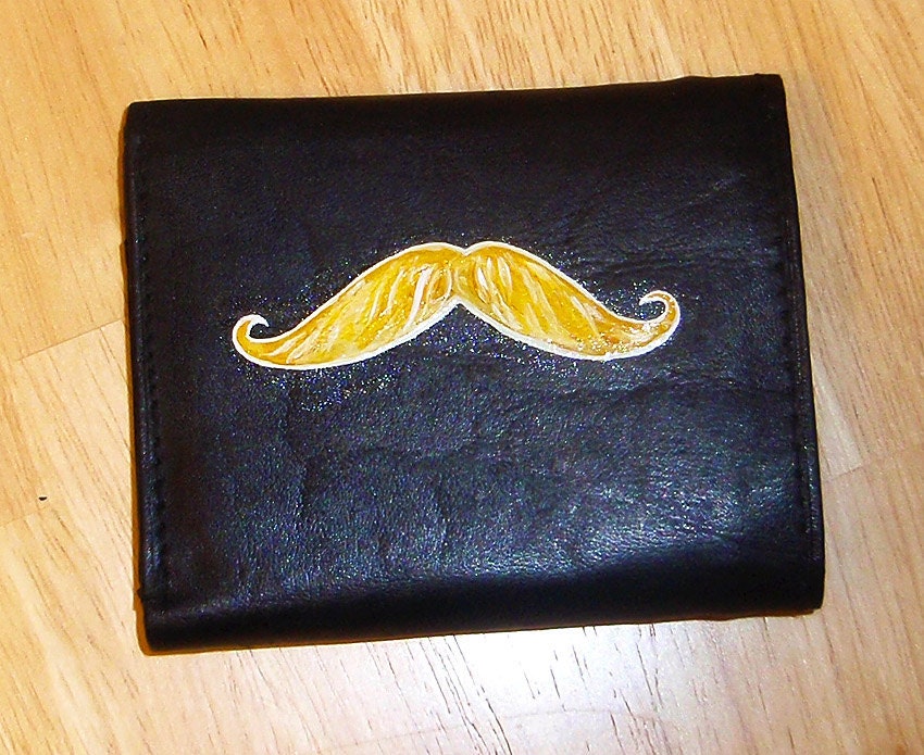 Unique Hand Painted Blond Mustache Wallet - New Black Leather Billfold - 25% Donated