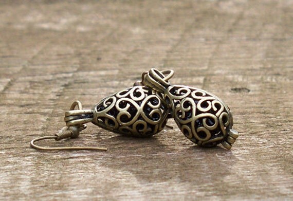 Recycled Black Depression Glass Brass Filigree Teardrop  Earrings