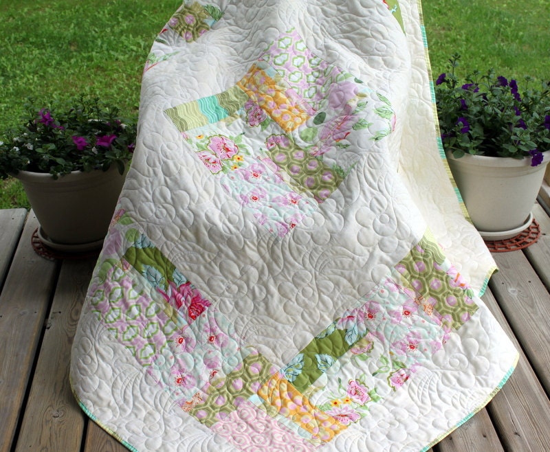 Handmade patchwork lap Quilt throw blanket in white and pastel ON SALE