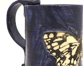 Handmade Ceramic Butterfly Mug on Midnight Blue Made to Order 16 Ounces