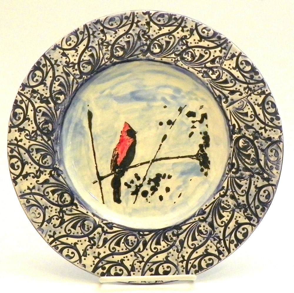 Ceramic Plate Red Cardinal on Light Blue Made to Order
