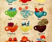 Children's Wall Art - Teacups in the Little Forest Print - Owl Fox Hedgehog Mouse Nursery Decor Kids Room
