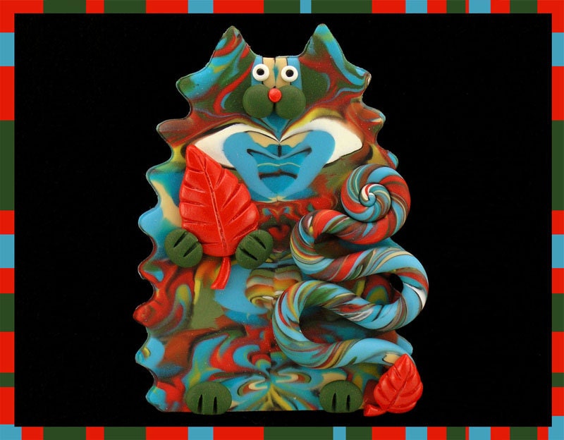 Fluffy Red Turquoise Green Southwest Colors Kitty Cat & Red Leaf Pin