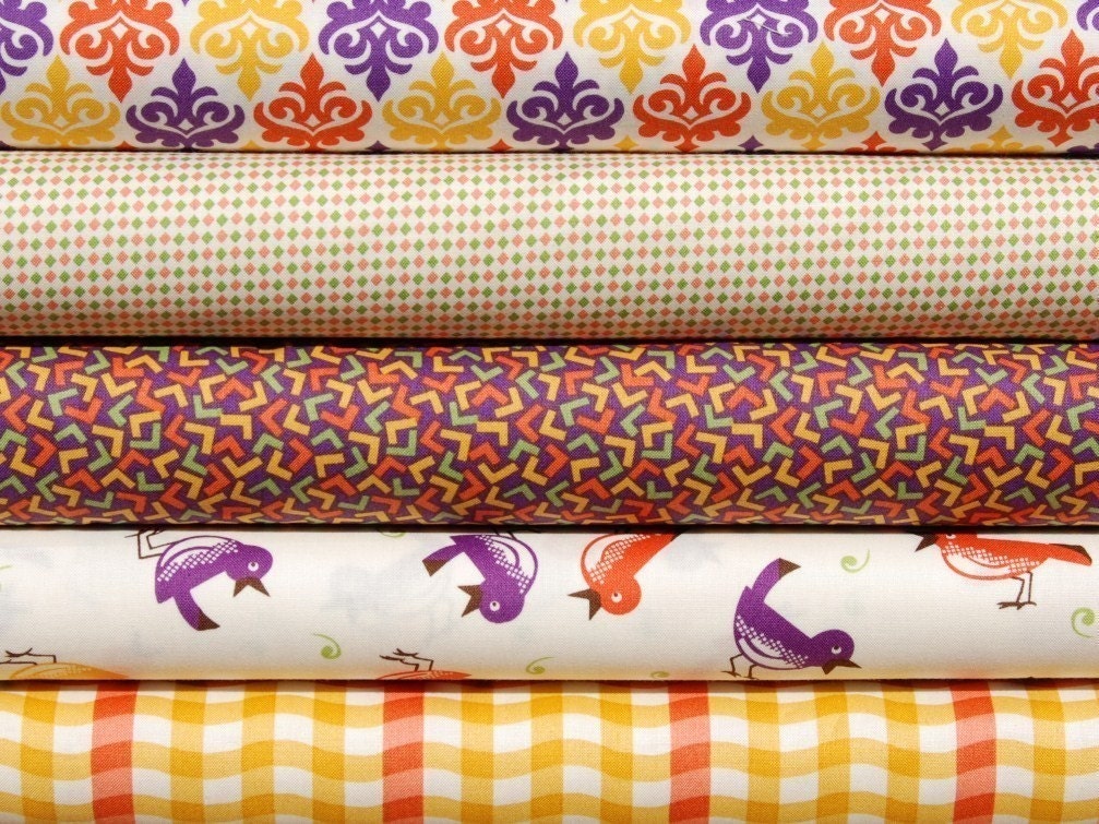 SALE Fat Quarter Bundle of 5 -  Feedsack Melody in Yellow - Orange - Purple