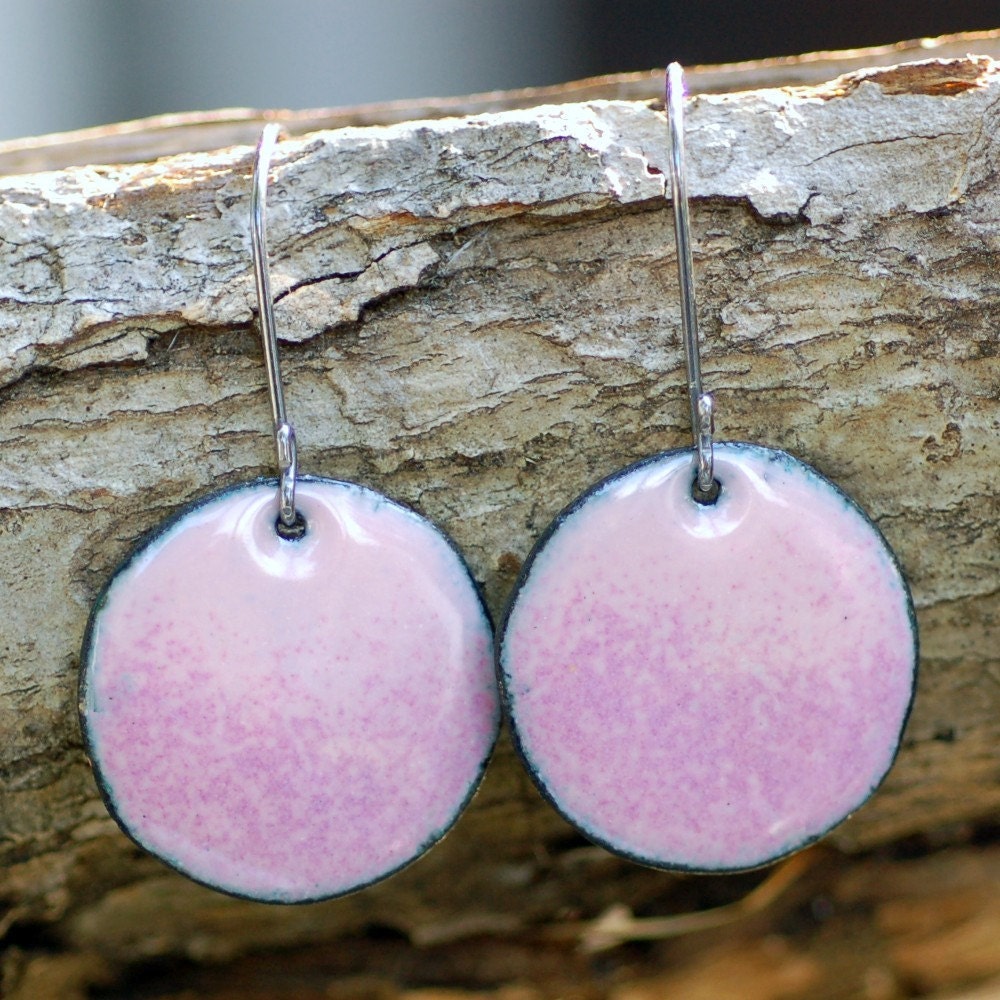 Pink Enamel Earrings, Large Copper Disc, Enameled Jewelry, I'm Blushing