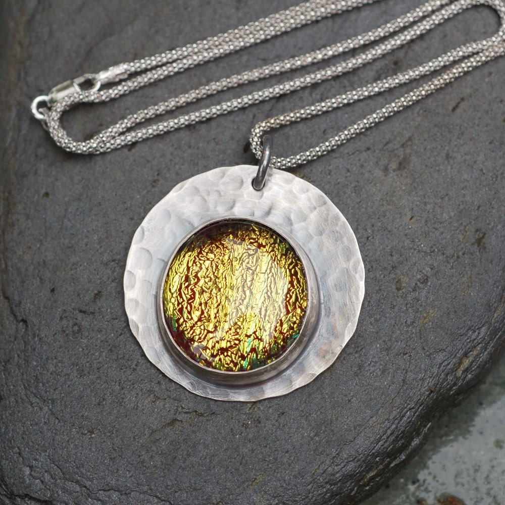 Fused Glass Necklace Sterling Silver Bezel Set Dichroic Cab Pendant - Fire Chid