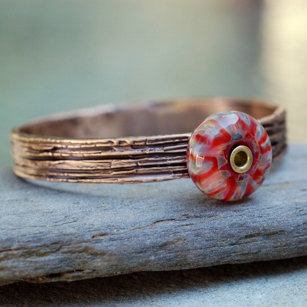 Bangle Bracelet, Bronze, Boro Lampwork, Borosilicate Glass Beaded Jewelry Red, Purple - Keeping Up