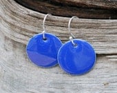 Enamel Earrings, Silver Disc, Enameled Jewlery, Round Small Cobalt Blue
