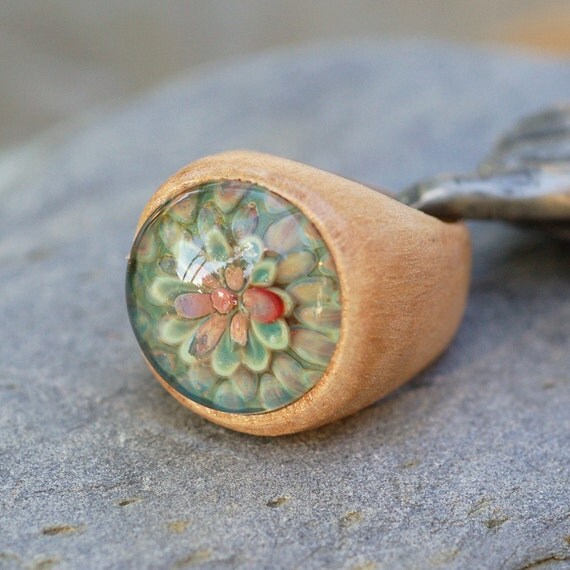 Wood Ring Glass Cab Boro Borosilicate Lampwork Wooden Jewelry Horizon Size 10