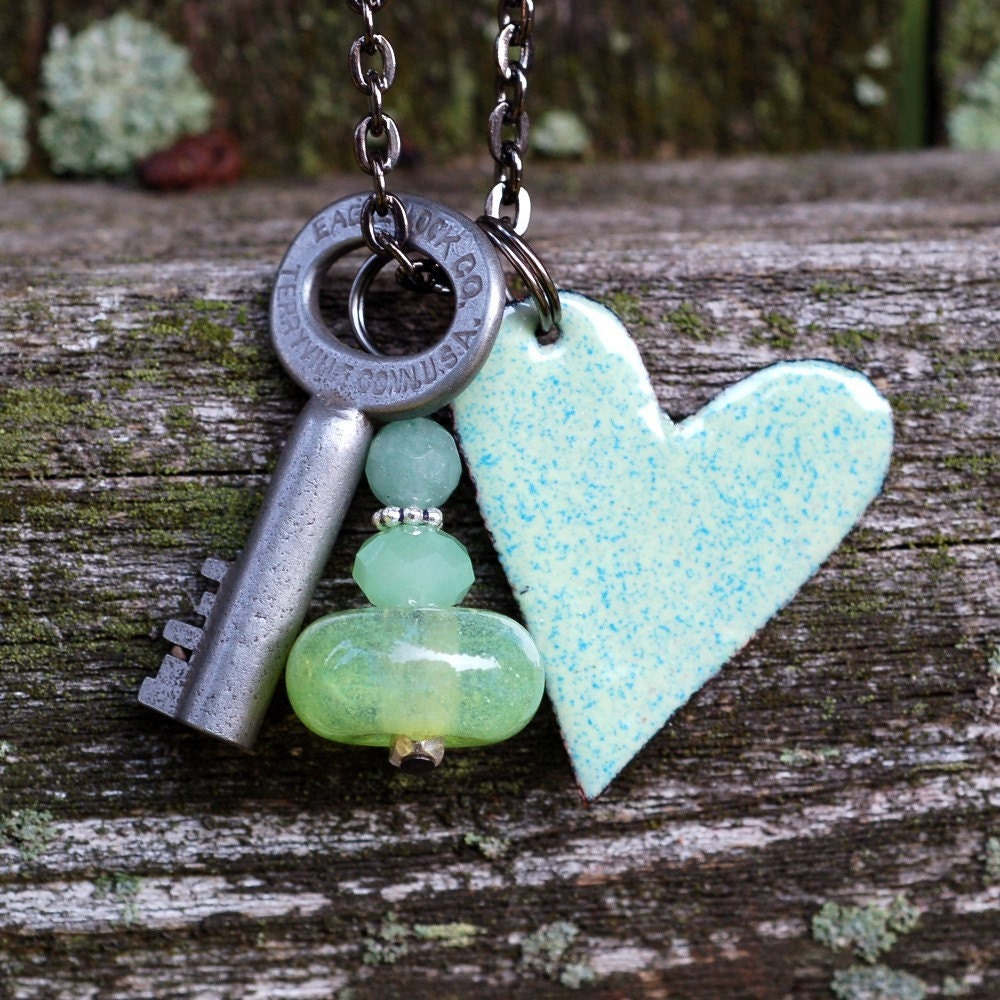 Skeleton Key Necklace, Copper Enamel Heart Pendant, Boro Lampwork Bead, Cluster Jewelry - I'm Lichen You