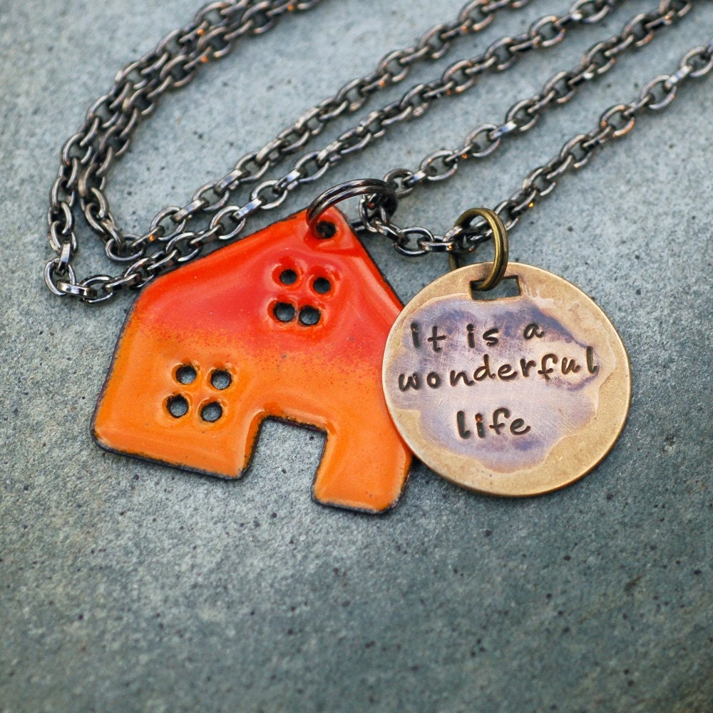 Enamel House Home Necklace Handstamped Brass Tag Pendant Enameled Jewelry Orange - Wonderful Life