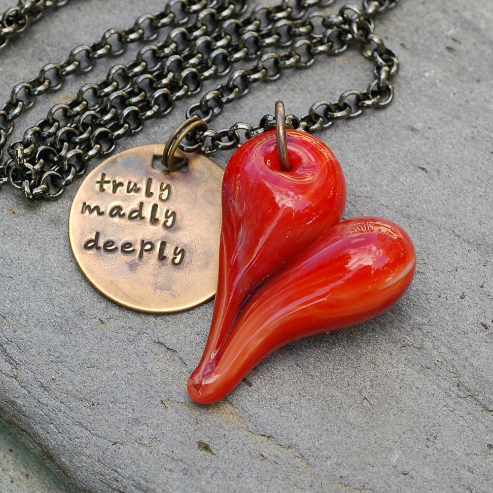 Red Glass Heart Pendant, Boro Lampwork Necklace, Handmade Glass Jewelry - Truly Madly Deeply
