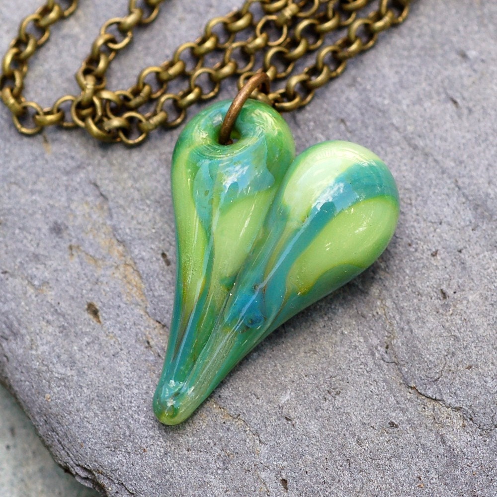 Glass Heart Pendant Necklace Boro Borosilicate Lampwork Jewelry, Spring Green and Aqua