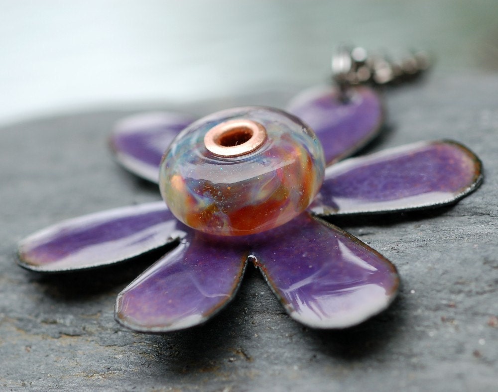 Enamel Flower Boro Glass Bead Pendant, Necklace, Copper, Purple Enameled Jewelry - Funky Flower
