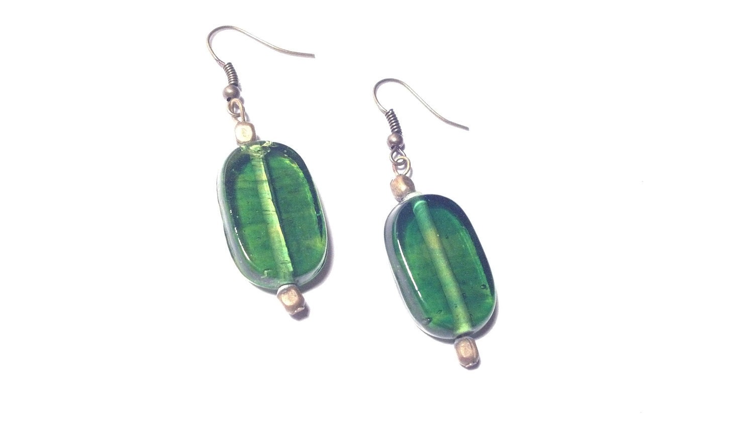 Recyled Glass Bead Earrings - Large Green Ovals