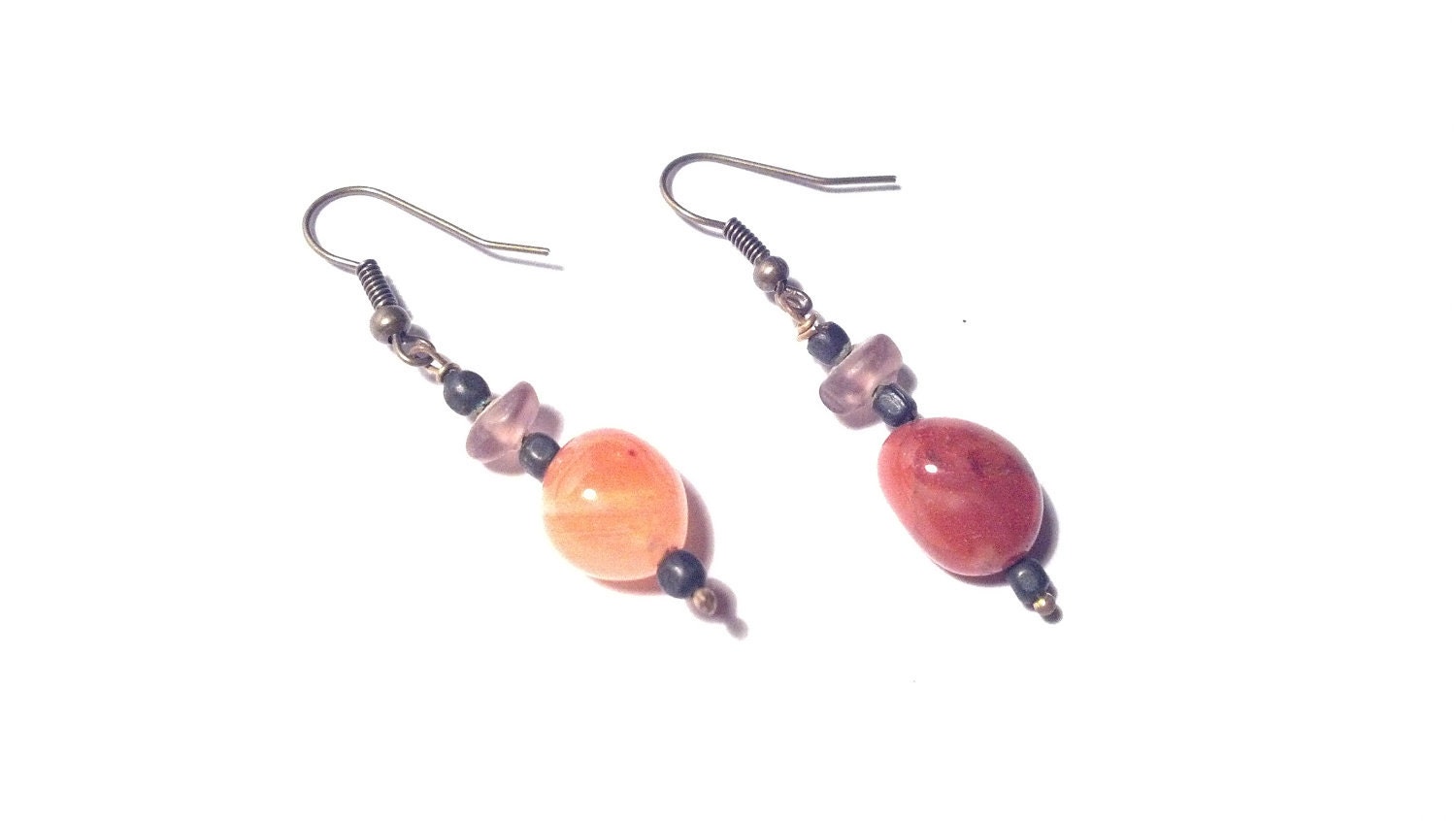 Recyled Glass Bead Earrings - Orange and Tan Beads