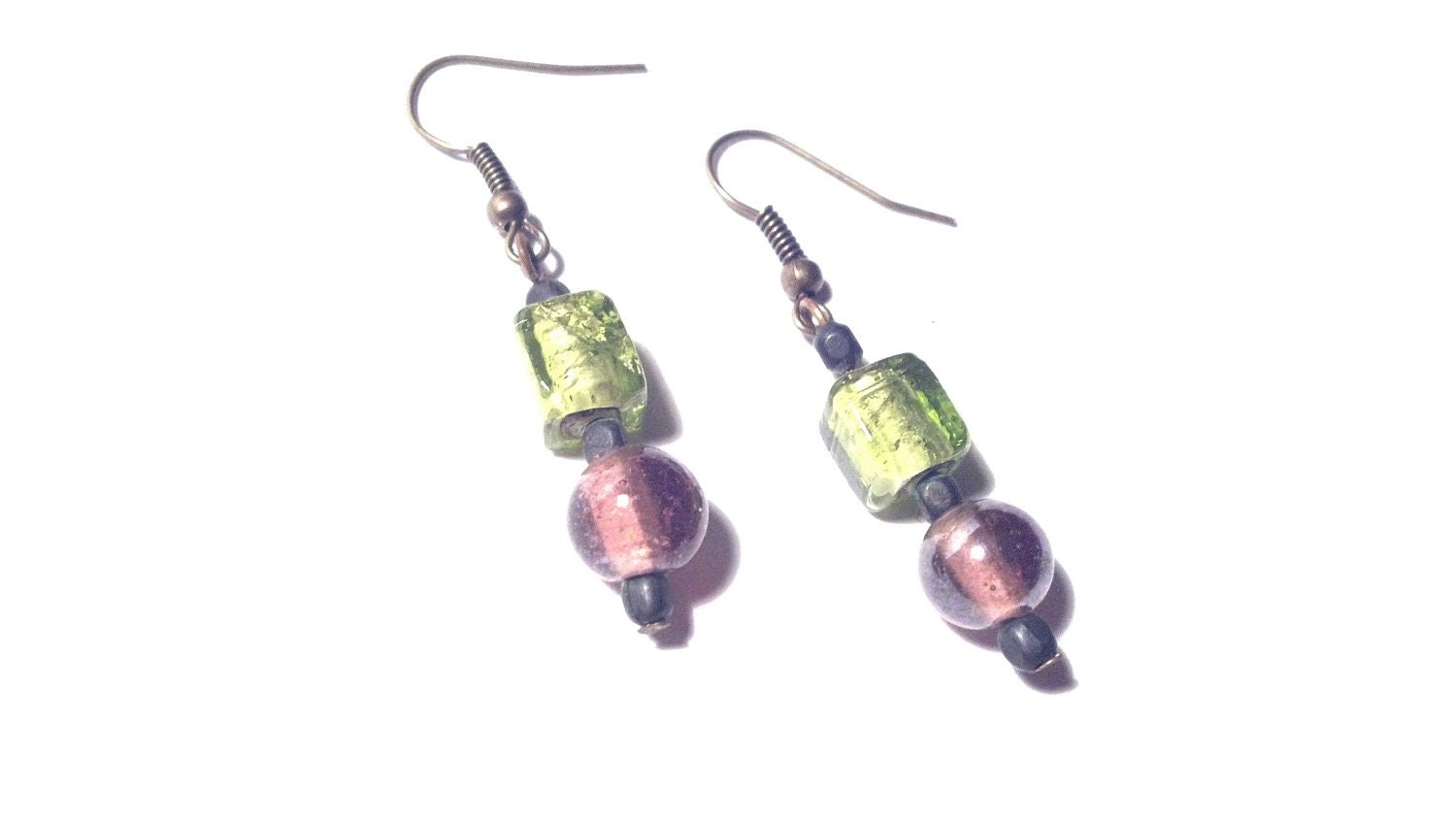 Recyled Glass Bead Earrings - Green and Purple Beads