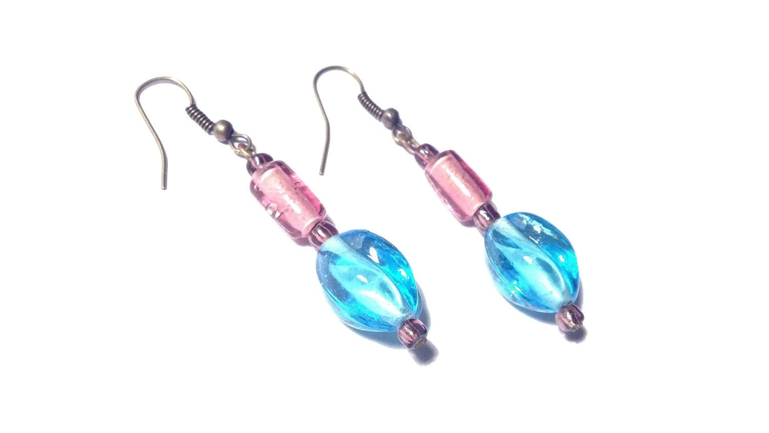 Recyled Glass Bead Earrings - Blue and Pink Glass Beads