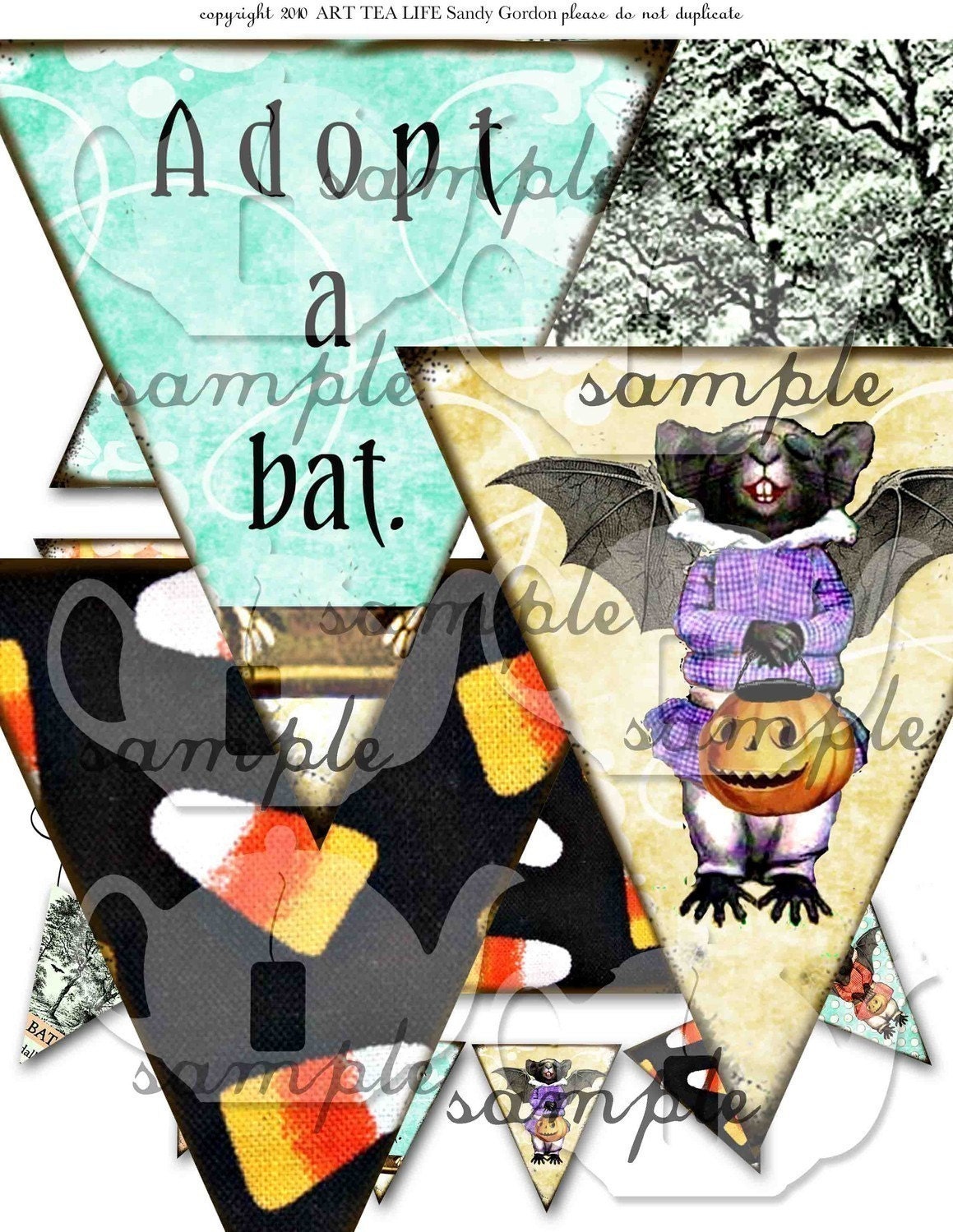 Art Tea Life BAT BANNER HALLOWEEN Collage Sheet bunting Digital File Scrapbook Party Decoration Office holiday clip art streamer candy corn
