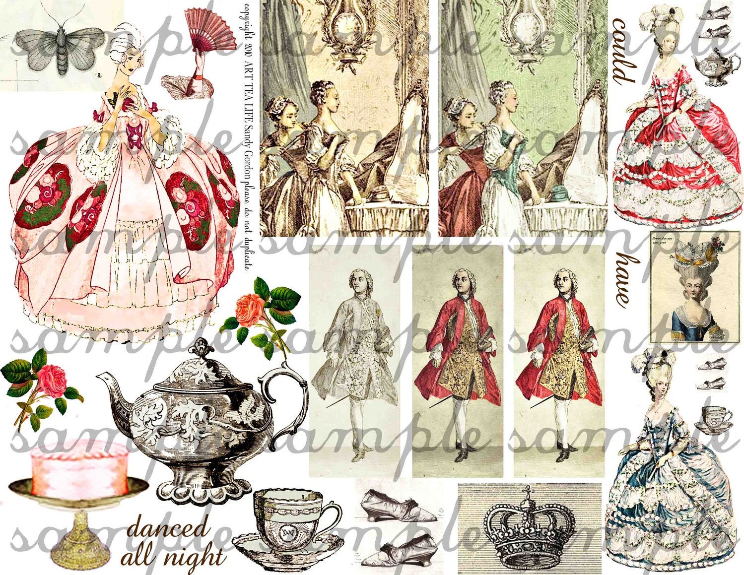 ART TEA LiFE Marie Antoinette Collage Sheet digital file atc aceo sized clip art decoupage journal invitation party supply paper goods scrapbook card making gift tags wrap decoration tea teapot cake french louis gentleman couple queen valentine baroque