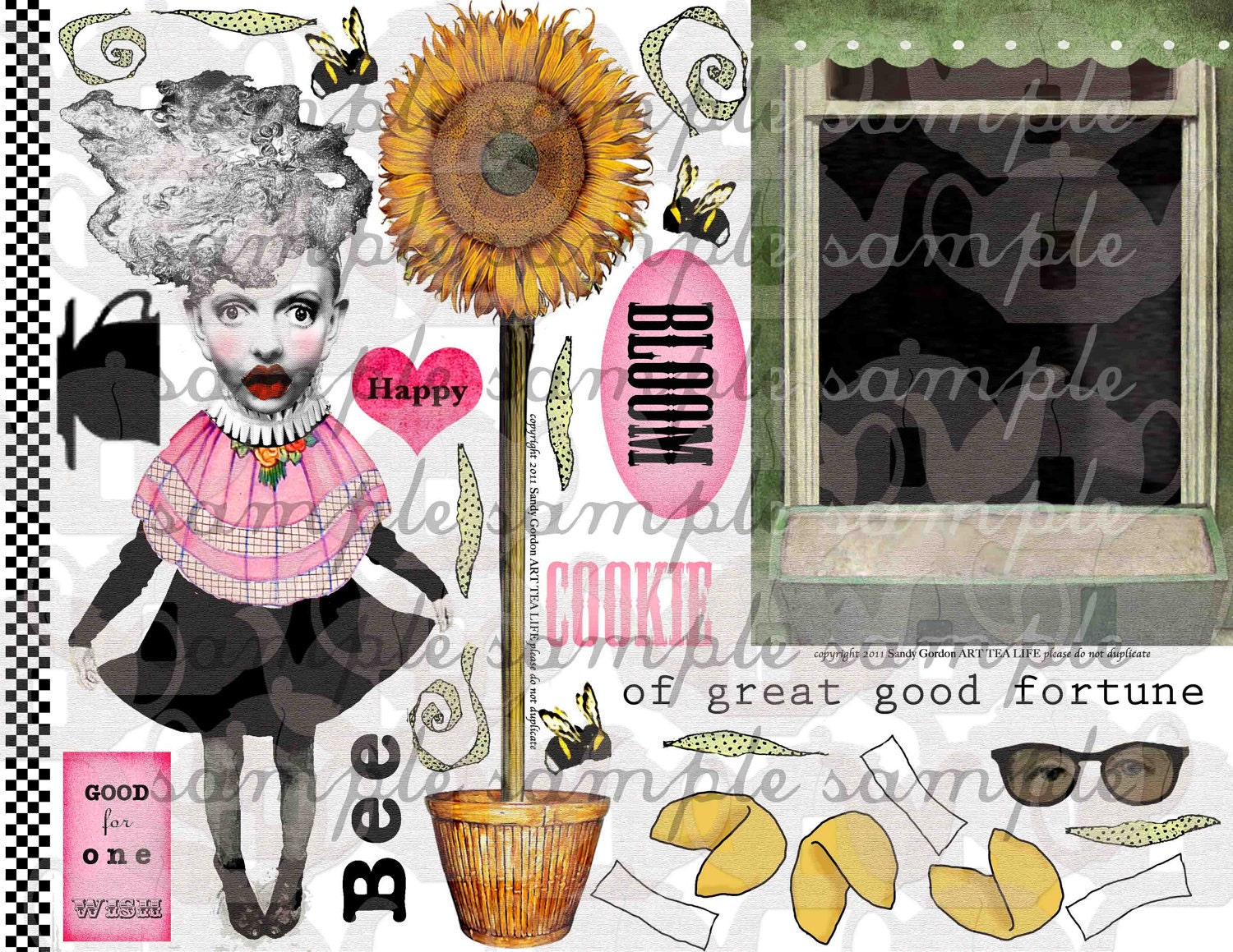 ART TEA LIFE Cookie Fortune Collage Sheet Journal Page Scrapbooking clip art Digital File wish cheer up card gift tag altered art parts