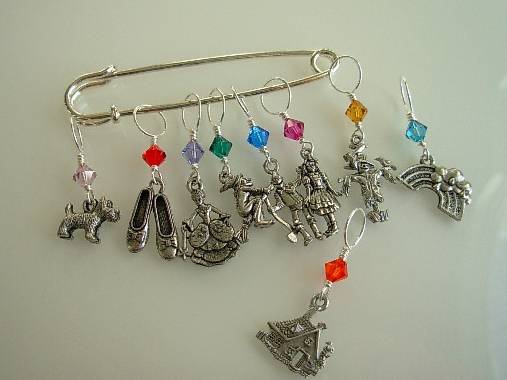 Hand Made Wizard of Oz Stitch Markers Shawl Pin Scarf Pin Dorothy Toto Wizard