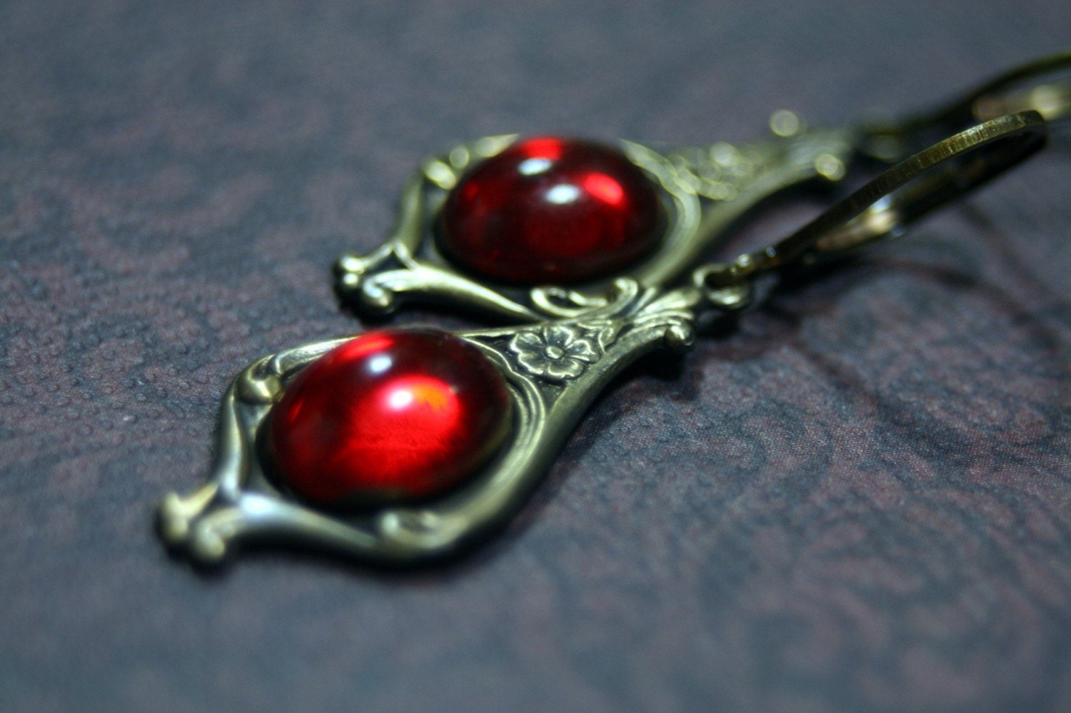 Gothic Vampire Rose Earrings Blood Red Vintage Cabochon Antique Brass by Shadesongs