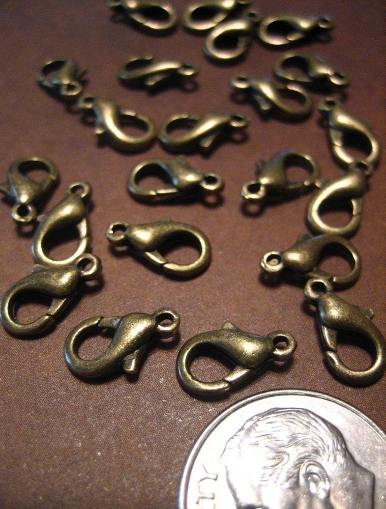 100 Antique Brass 12mm lobster claws, lead and nickel free