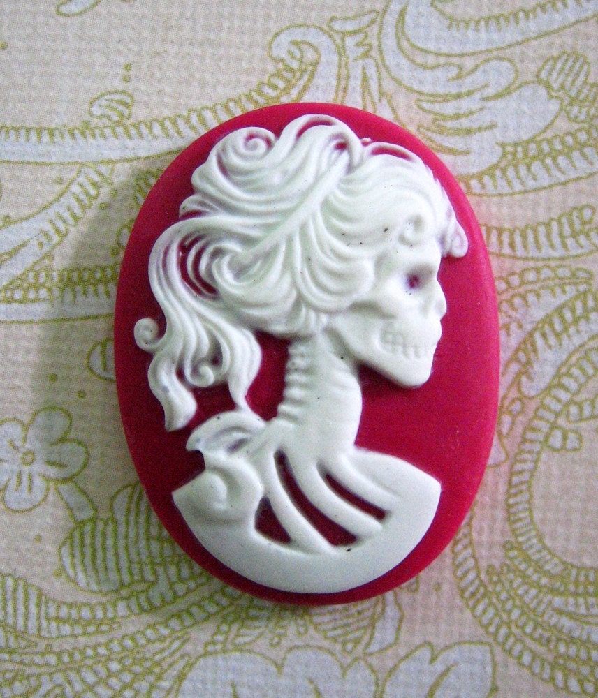4 30x40mm hot pink skeleton cameos, Lolita Day Of The Dead goddess cabochons
