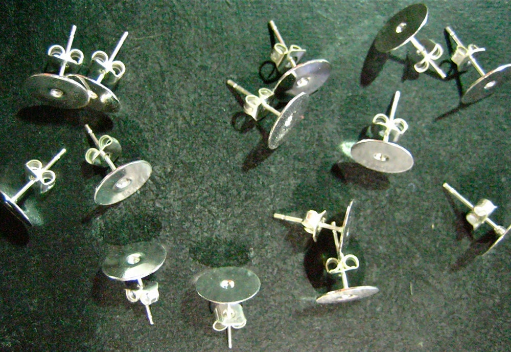25 pairs 10mm Earring Pad Post Studs Blanks with ear nuts, sterling silver glue on pad, lead and nickel free