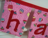 Happy Birthday Fabric Banner in Pink Red Cupcakes