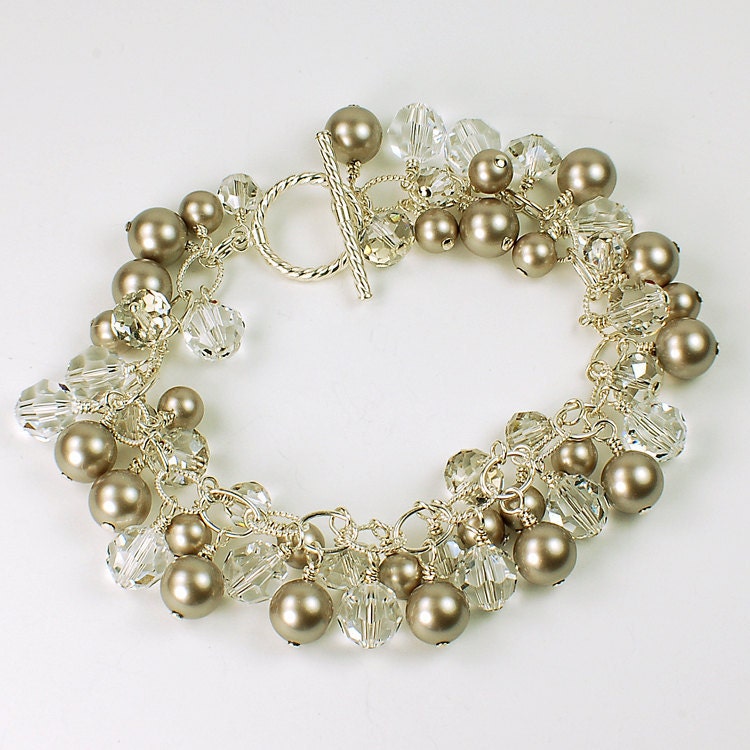 Platinum Pearl and Crystal Dangle Bracelet
