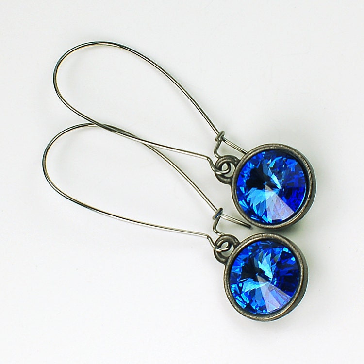 SALE Sapphire Blue Starburst Rivoli Earrings in Gunmetal