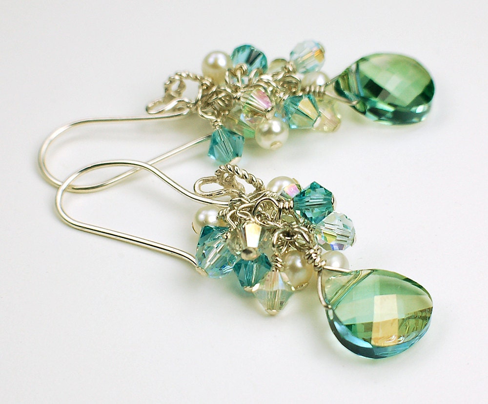 SALE Aqua Champagne Briolette Cluster Earrings