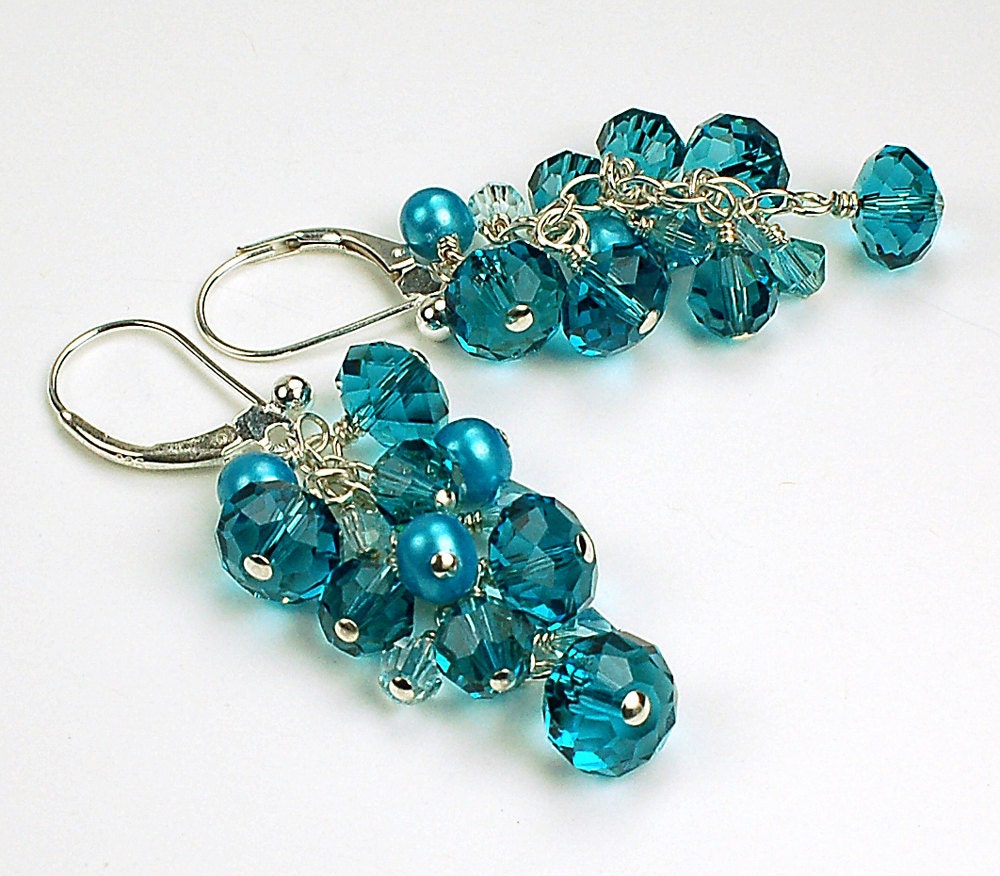 SALE Indicolite Crystal and Freshwater Pearl Cascade Earrings