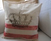 Tea Stained with Gold Royal Crown and Wine Stripes Shabby Chic Pillow Case 16x16 Buy Any Two Get One For FREE