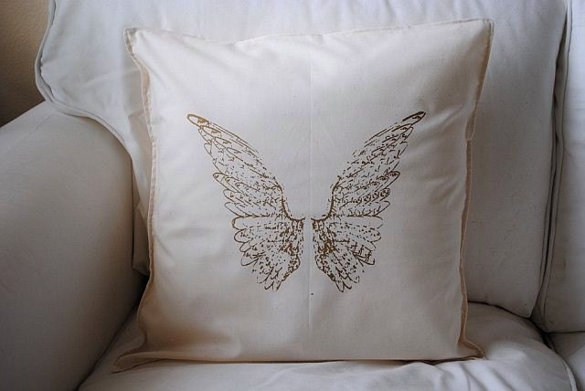 Gold Angel Wings on Tea Stained Shabby Chic Pillow Case 16x16 Buy Any Two Get One For FREE