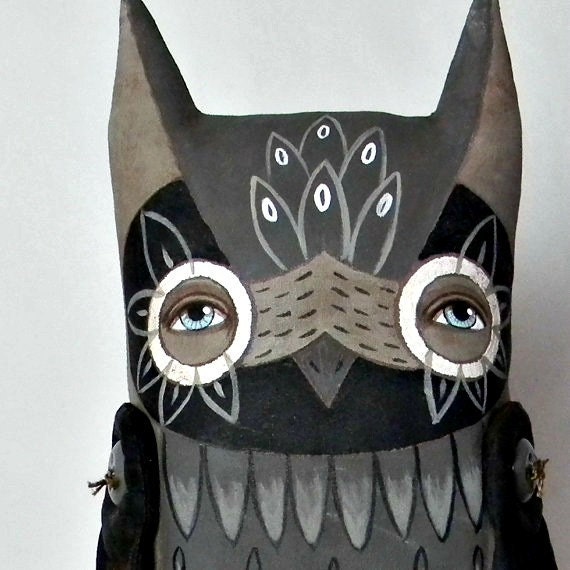 Dark Owl-- Contemporary Folk Art Cloth Doll Sculpture-- Hand Painted Original- Made to Order within a Week