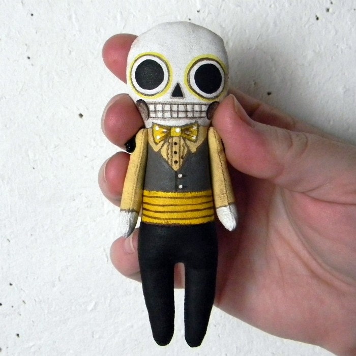 Tiny Day of the Dead Skeleton Doll Ornament-- Hand Painted Original Folk Art Sculpture-- Made to Order within a Week