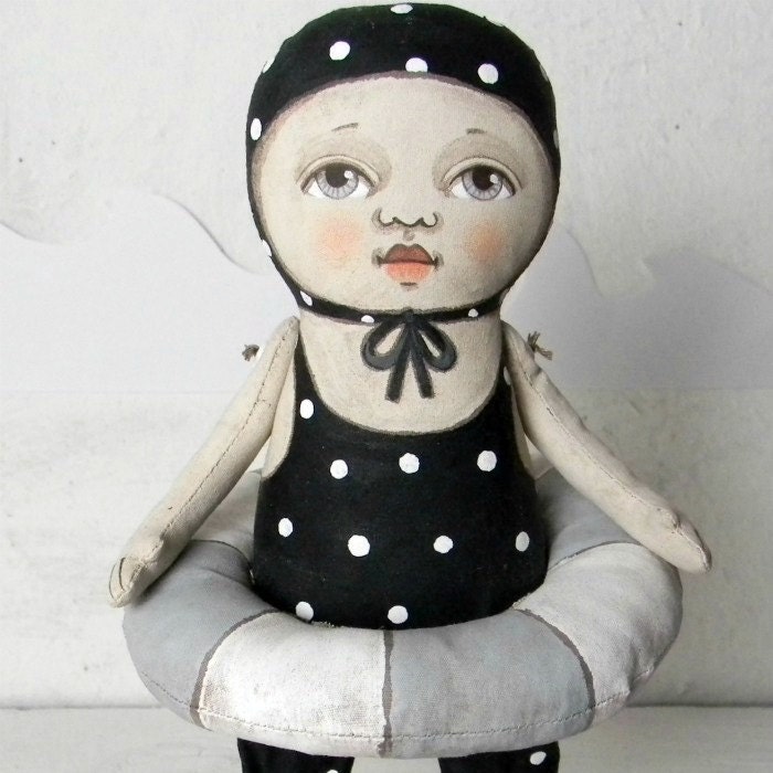 Folk Art Black Polka Dot Swimsuit Doll Sculpture-- Hand Painted Original-- Made to order within a week