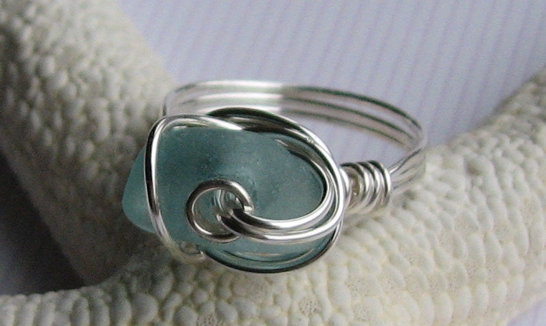 Aqua Beach Glass Wire Wrapped Ring Size 6