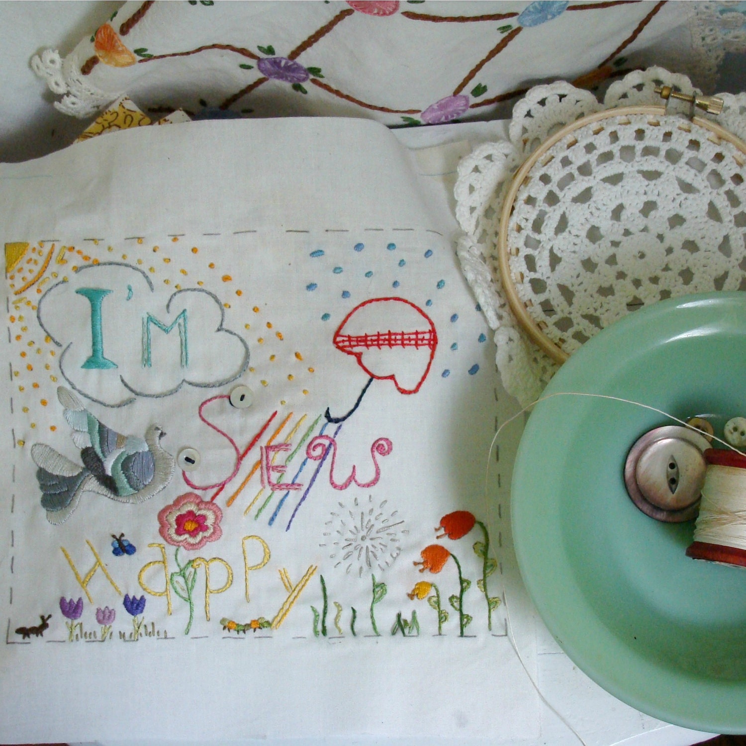 I'm Sew Happy Stitching Sampler printed Fabric Block DIY Embroidery Just Stitch, Ready to Stitch