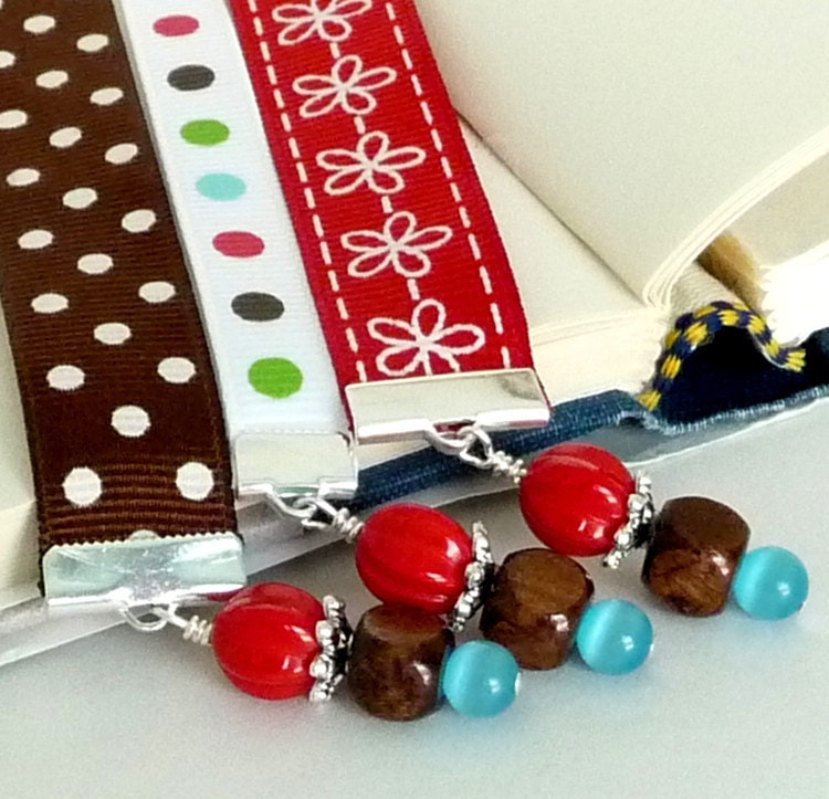 Full Size Ribbon Bookmark Trio Set of 3 Book Thongs Bookmarks - Love Charms Flowers and Dots
