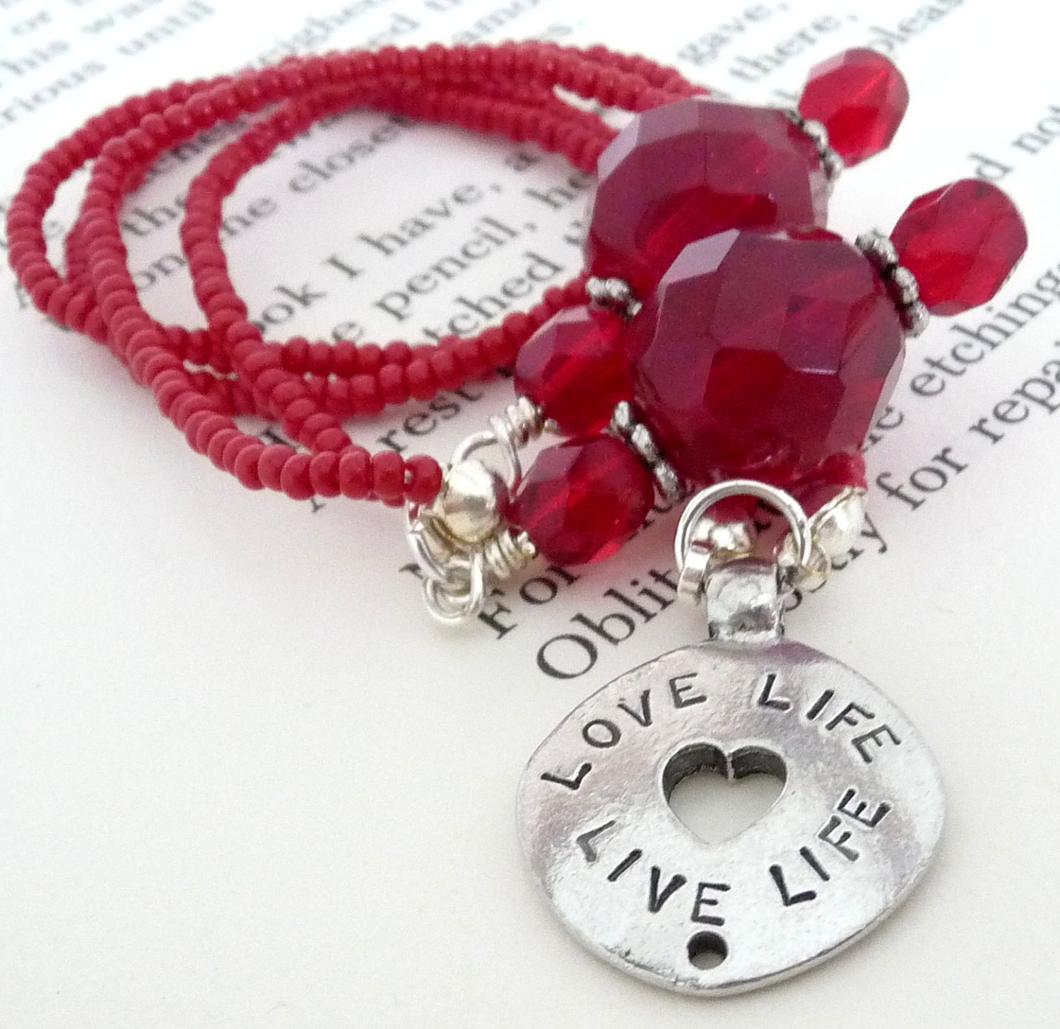 Beaded Bookmark Book Thong - Live Life Love Life and Follow Your Heart Charm SALE Red Bookmark