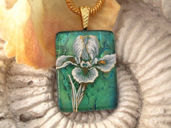 Sage Green Iris - Dichroic Fused Glass Jewelry - Fused Glass Necklace - Dichroic Fused Glass Pendant & Necklace 010212p116