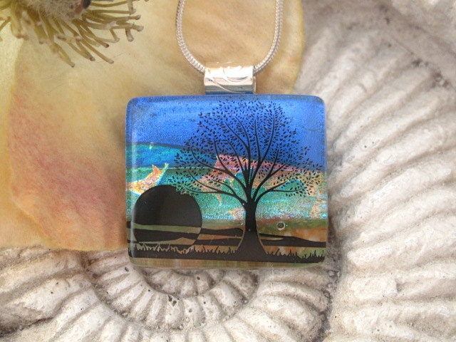 Sunset Tree - Dichroic Fused Glass Jewelry - Dichroic Pendant - Fused Dichroic Glass Necklace 012612p107