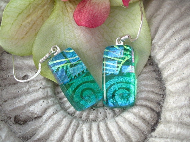 Dichroic Glass Earrings - Dichroic Fused Glass Jewelry - Emerald Green Aqua - 041412e108