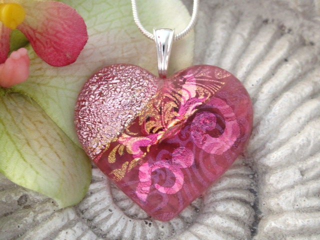 Pink Heart Necklace - Dichroic Glass Jewelry - Fused Glass Heart Pendant Necklace 042112p111